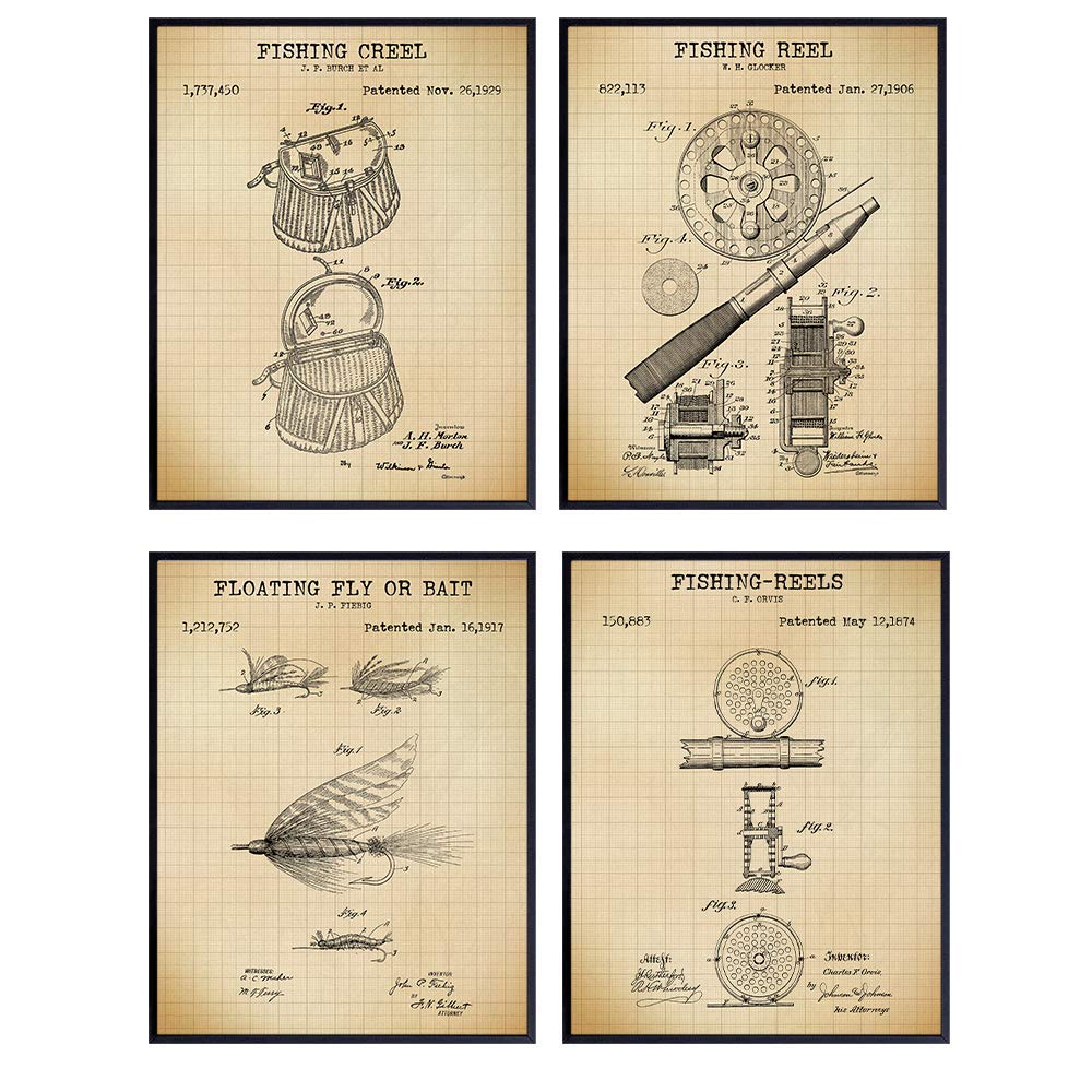 Fly Fishing Patent Art Prints - Vintage Wall Art Poster Set - Chic Home Decor for Beach or Lake House, Den, Office, Living Room, Man Cave - Great Gift for Fishermen and Anglers -8x10 Photos - Unframed