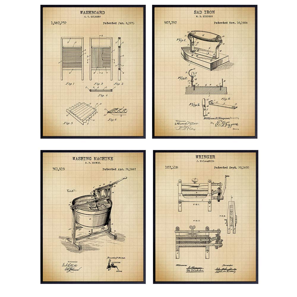 Laundry Room Patent Wall Art Prints - Set of Four (8x10) Vintage Unframed Photos - Stylish Home Decor. Makes a Perfect Easy Gift - Set of 4