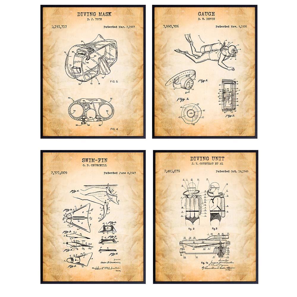 Scuba Patent Art Prints - Vintage Diving Equipment Wall Art Poster Set - Chic Rustic Home Decor for Game Room, Man Cave, Beach House, Living Room, Office, Bedroom, Gift for Divers, 8x10 Photo Unframed