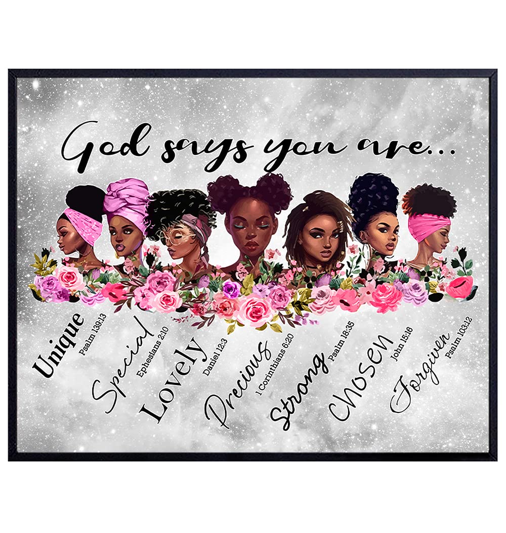 Bible Verses Religious Wall Decor - God Says You Are - African American Women, Black Woman, Girls, Teens - Inspirational Christian Scripture Poster - Black Wall Art - Motivational Encouragement Gifts
