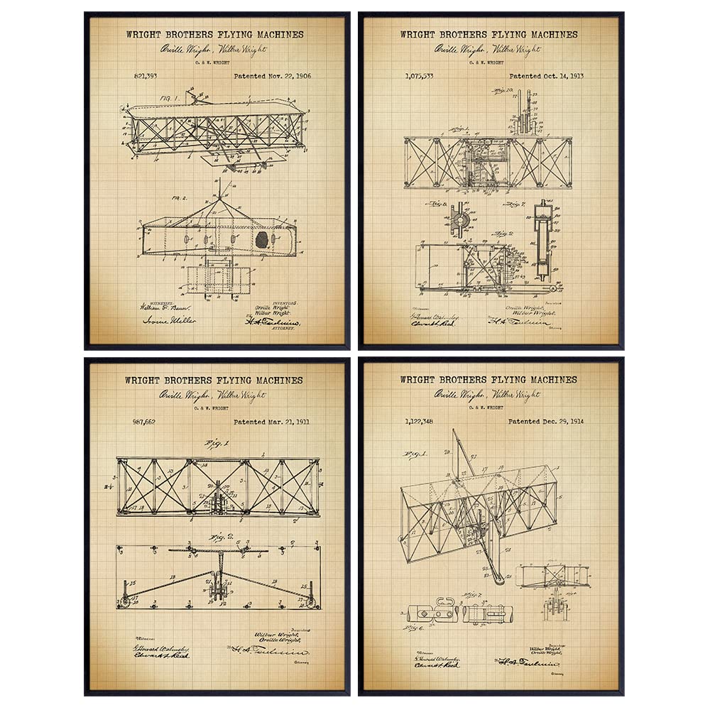 Wright Brothers Aviation Patent Art Prints - Vintage Wall Art Poster Set - Home Decor for Living Room, Office, Man Cave - Great Gift for Pilots, Flight Instructors, Aviators - 8x10 Photos - Unframed