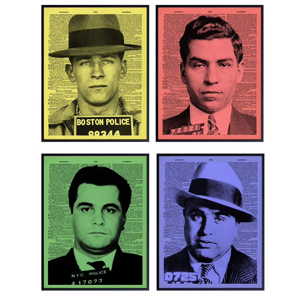 Mafia Gangster Mob Pop Art Mugshot Wall Art Print Set - Funny 8x10 Room, Home Decor - Gift for John Gotti, Whitey Bulger, Al Capone, Lucky Luciano Godfather Mobster Fans, Boys, Men - Unframed Photos