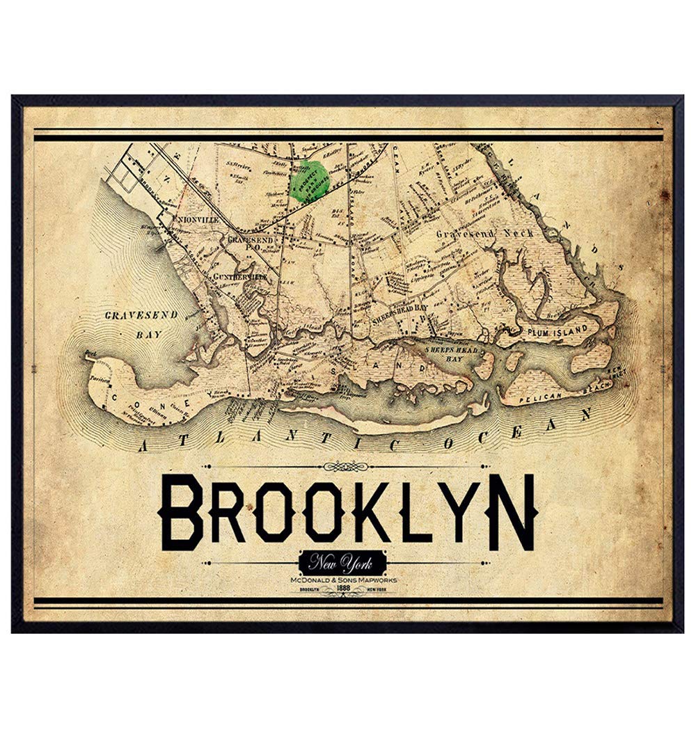 Vintage Brooklyn New York City Wall Art Map Print - Ready to Frame Photo (8X10) - Perfect Gift for NYC Map Fans and Great for Home Decor