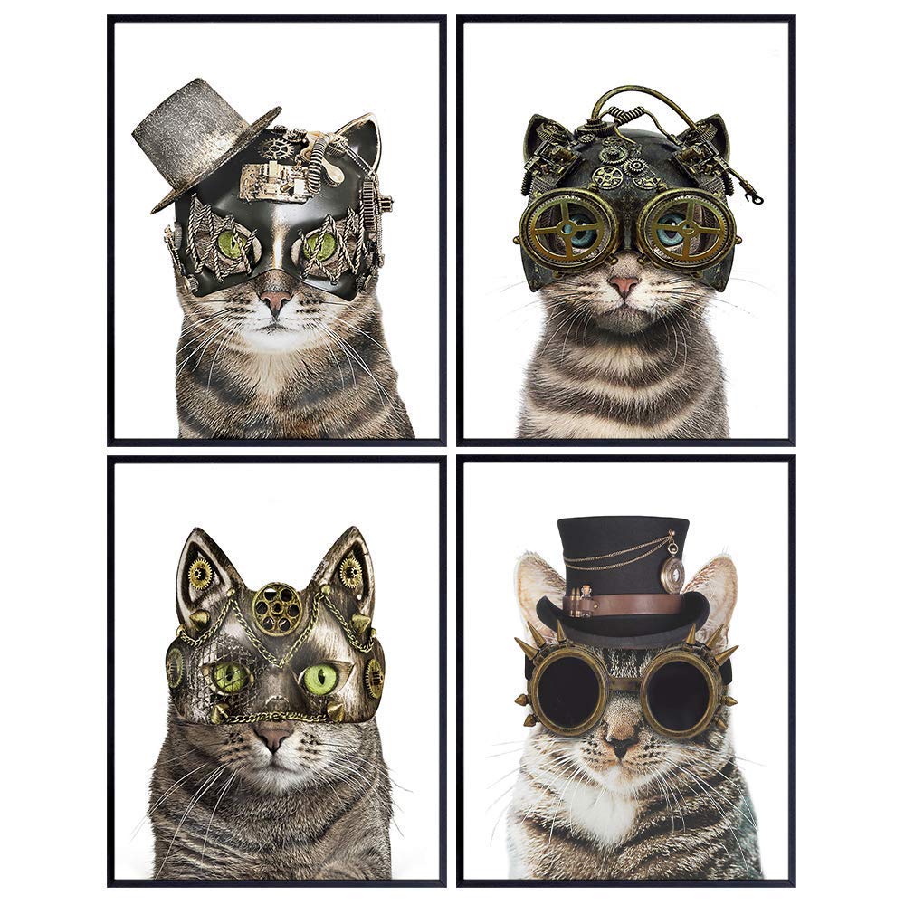 Cat Wall Art - Gothic Steampunk Decor - Cat Themed Gifts - Cat Lover Gifts for Women - Home Decoration for Bedroom, Living Room - Kitty Cat, Kitten, Cute Cat Poster Set - Cat Decorations