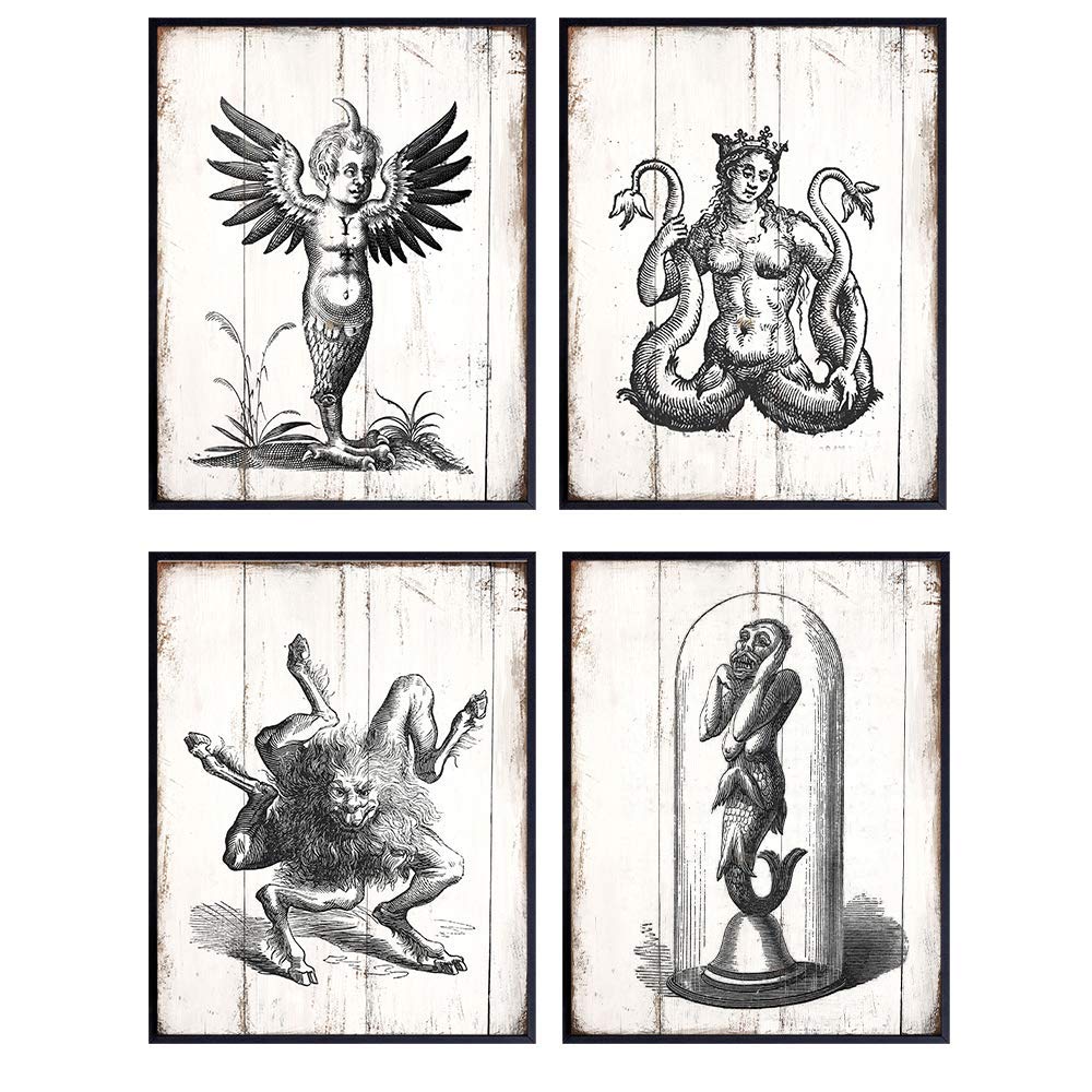 Goth Monster Mythical Beast Wall Art Prints - 8x10 Sign Vintage Photo Poster Print Set - Shabby Chic Home Decor, Room Decoration or Gift for Steampunk, Gothic Fans - Unframed Pictures