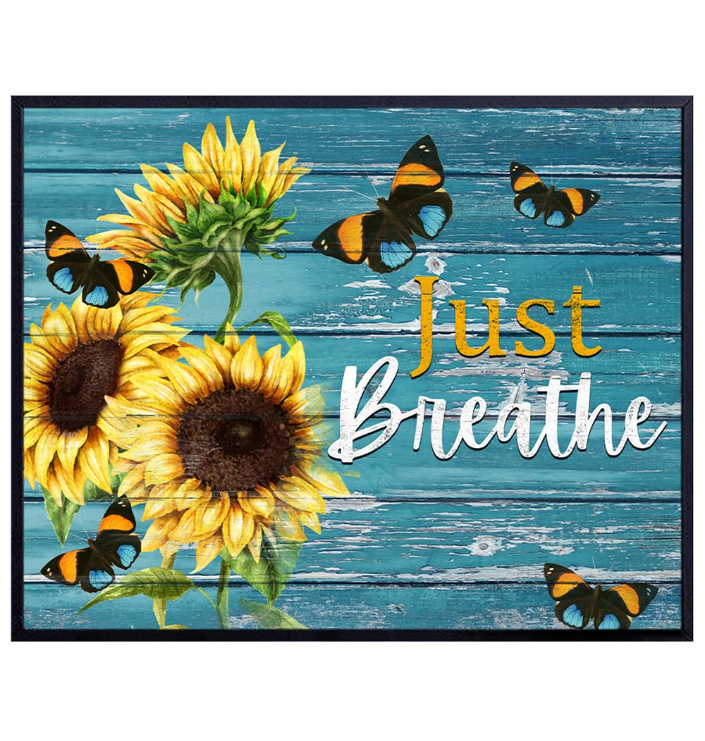 Just Breathe Wall Art &amp; Decor - Positive Quotes Wall Decor - Inspirational Quotes Wall Decor - Encouragement Gifts for Women - Uplifting Gifts for Women - Bedroom Wall Art Sign -Blue Living Room Art