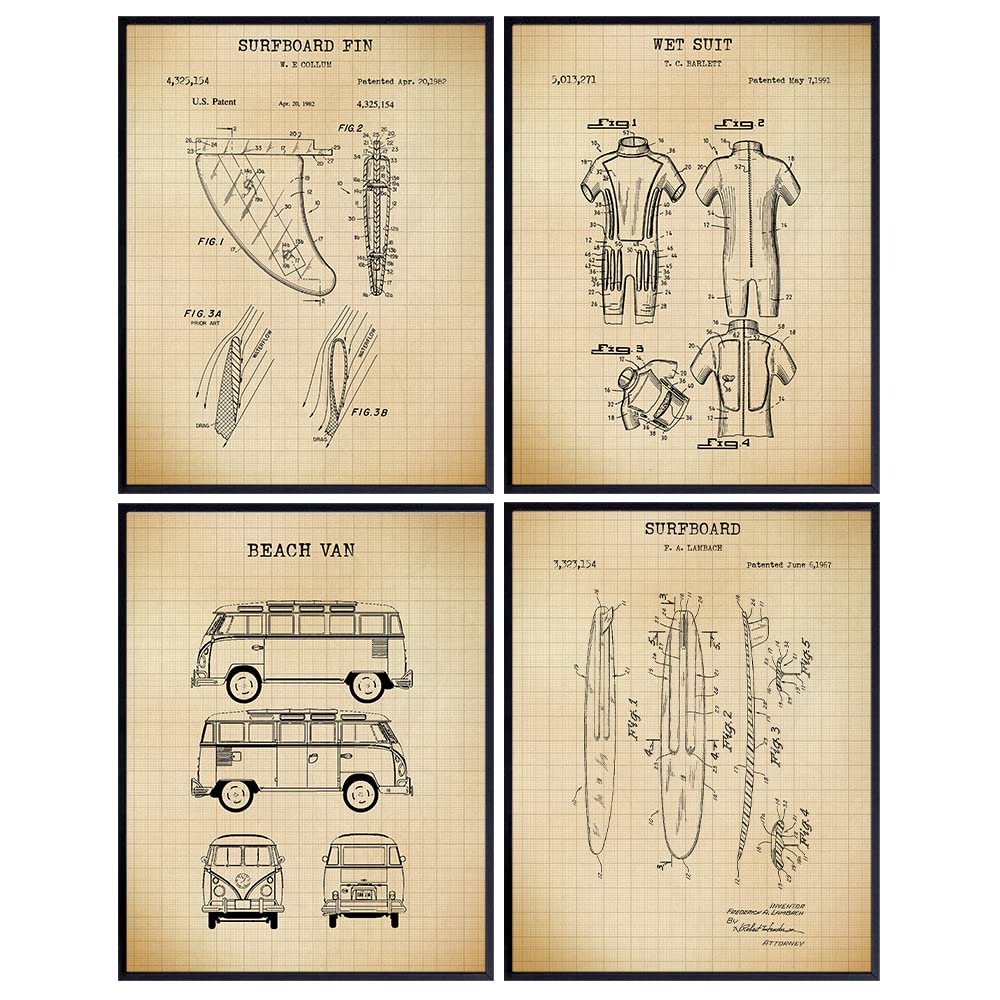 Surfing Patent Art Prints - Vintage Tropical Wall Art Poster Set - Chic Rustic Ocean Home Decor for Beach House, Man Cave, Living Room, Bedroom, Game Room - Gift for Surfers - 8x10 Photos Unframed