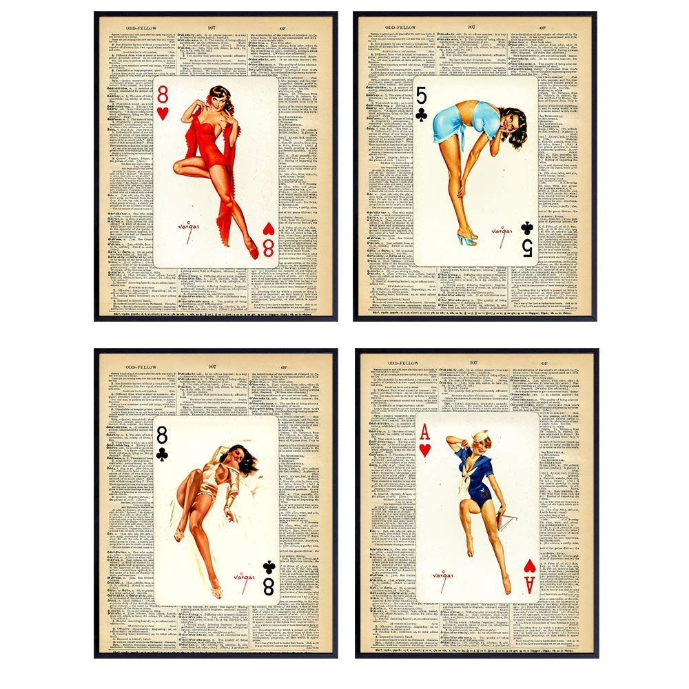 Man Cave Decor - Poker Wall Decor - Wall Art Prints on Dictionary Photo - 1950s Vintage Pinup Girl Photos - Game Room Decor - Bar Decor - Chic Retro Home Decor - Poker Gifts