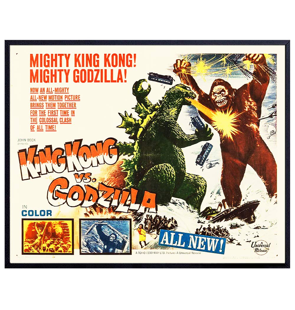 Godzilla Vs Kong - Horror Movie Poster - 8x10 Classic Monster Movies - Vintage Scary Movie Wall Art Decor - Home Theater Room, Boys Bedroom, Man Cave Decorations - Godzilla - King Kong