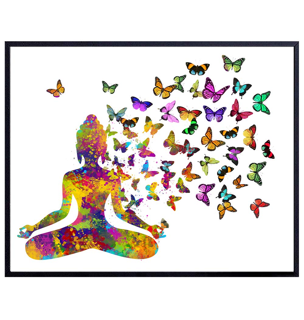 Zen Buddhism Decor - Buddha Statue with Butterflies Yoga Wall Art - New Age Meditation Gifts for Women - Spa Wall Decor, Home Decoration for Living Room, Bedroom, Bathroom - Tranquility Poster Print