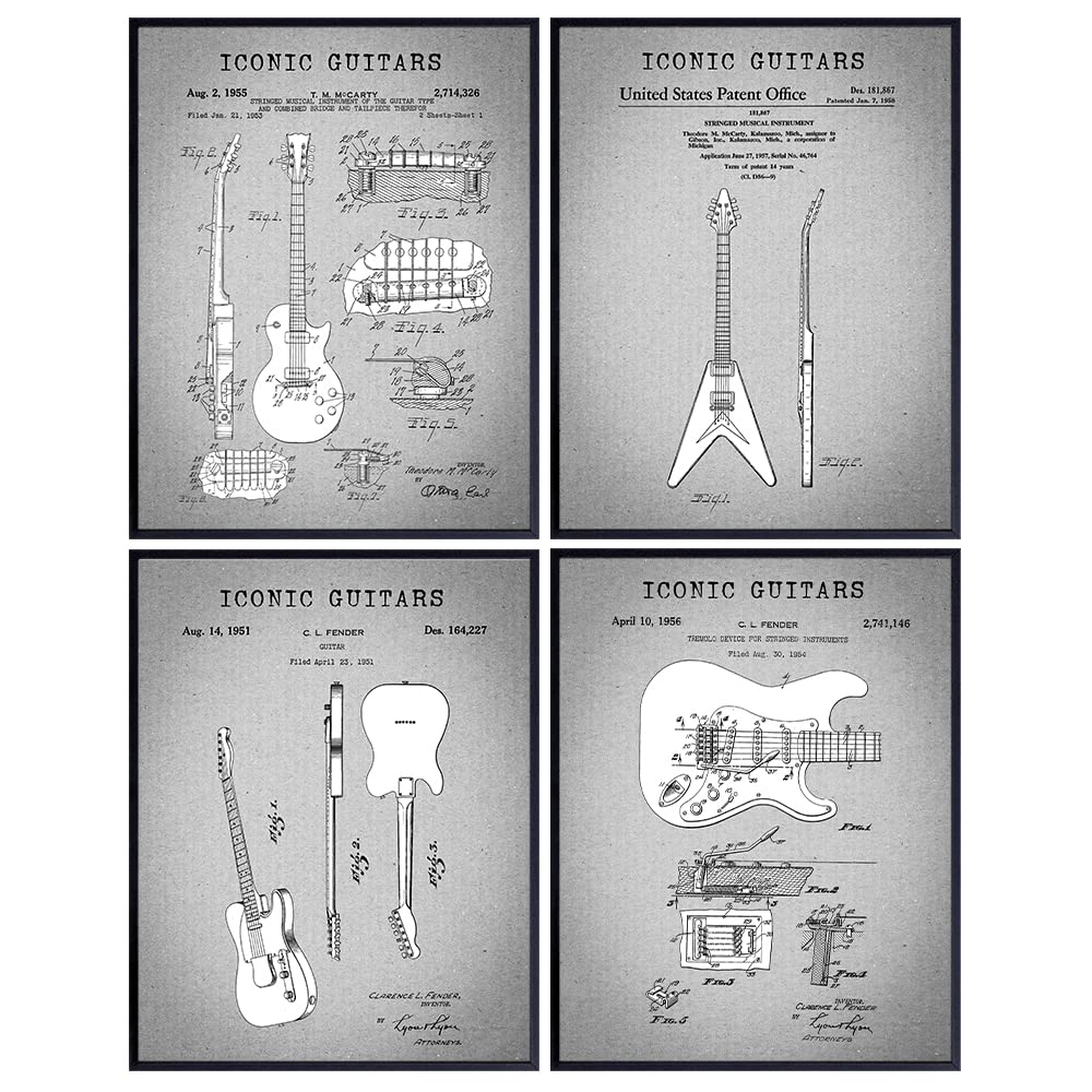 Guitar Patent Art Prints - Vintage Retro Wall Art Picture Set - Home Decor for Bedroom, Living Room - Gift Set for Musician, Guitar Player -Set of 4-8x10 Unframed