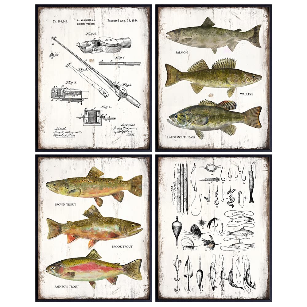 LARGE 11x14 - Fishing Accessories Gifts - Rod, Reel, Lures Patent Print Set - Lake Mountain House Decor for the Home - Rustic Bass, Trout, Freshwater Fish Wall Art - Room Decoration Poster - Fishermen