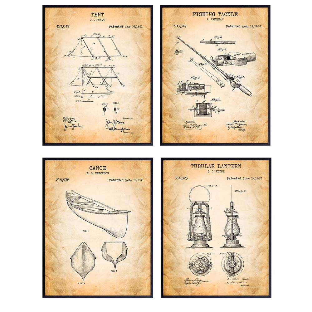 Summer Camping Patent Art Prints - Vintage Wall Art Poster Set - Chic Rustic Farmhouse Home Decor for Adirondack or Lake House, Gift for Campers, Backpackers, Nature Lovers - 8x10 Photo - Unframed