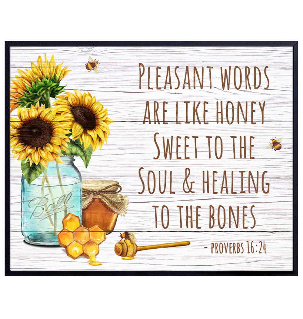 Proverbs Bible Verses Wall Decor - Bee Wall Decor - Inspirational Christian Sayings Decor - Honey Bee Decor - Religious Gifts for Women - Sunflower Wall Art - Country Farmhouse Spiritual Scripture