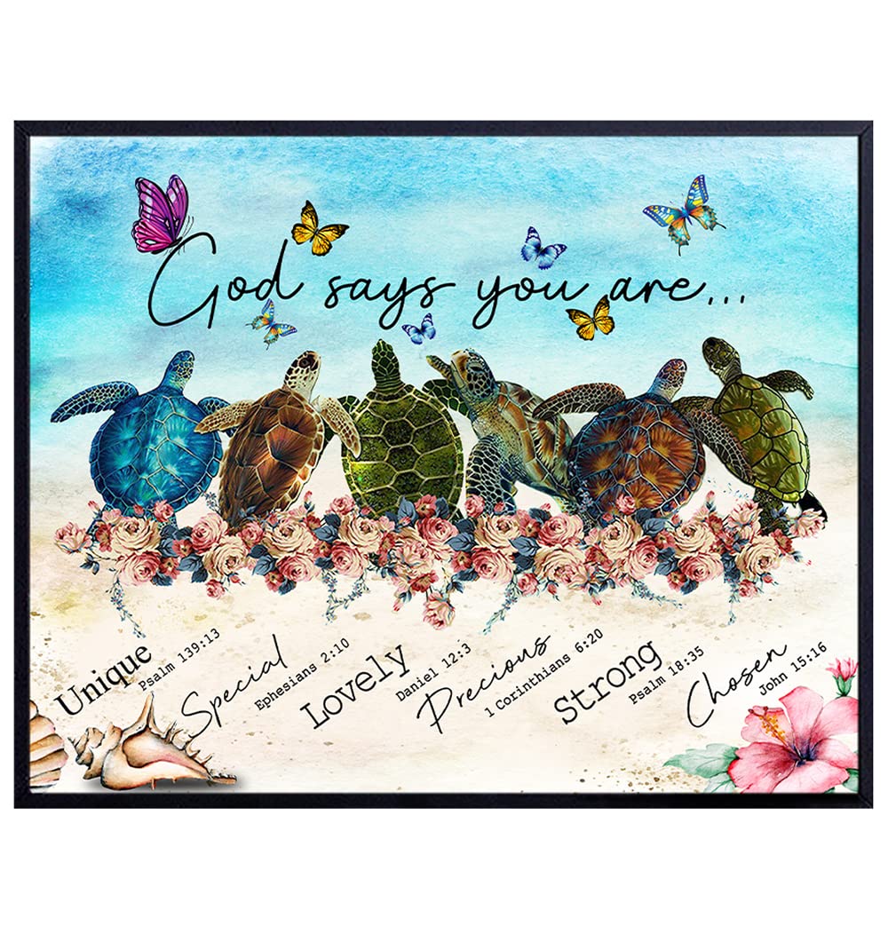 Religious Nautical Wall Art &amp; Decor - Christian Encouragement Gifts for Women - Hawaiian Tropical Beach House Decor - Coastal Sea Turtle Decor - Inspirational Spiritual Bible Verses - God Says You Are