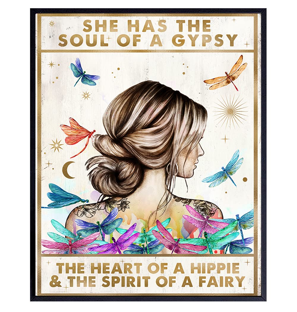 Boho Positive Inspirational Quotes Wall Decor - Uplifting Encouragement Gifts for Women - Motivational Wall Art Poster - Bohemian Hippie Rustic Dragonfly Decoration - Girls Teens Bedroom Home Office