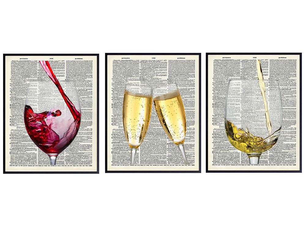 Wine and Champagne Unframed Dictionary Wall Art Prints - Set of Three - Perfect Gift for Game Room, Bar, or Man Cave Decor - Ready to Frame (8x10) Photos