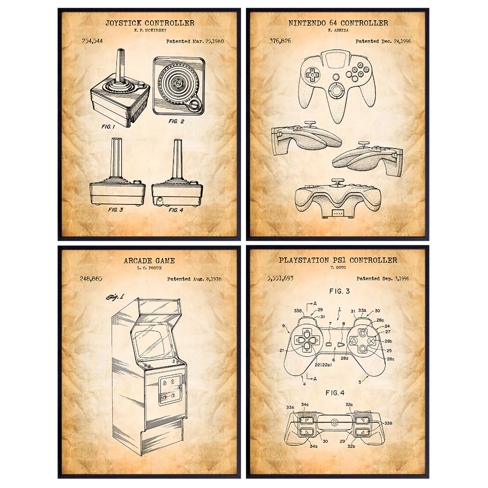 Video Game Patent Art Prints - Vintage Wall Art Poster Set - Chic Rustic Home Decor for Game Room, Rec Room, Man Cave, Play Room, Den - Gift for Gamers, Nintendo, PS1 Fans - 8x10 Photo Unframed
