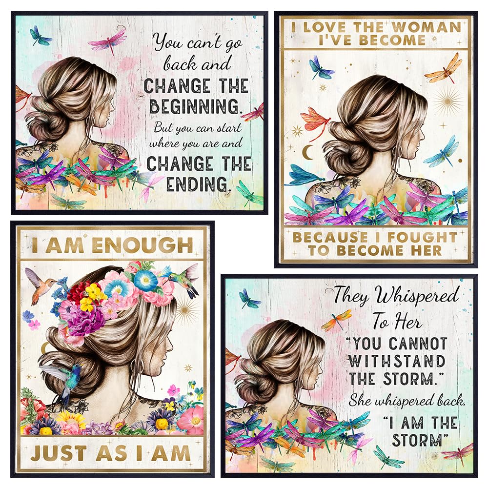 positive Affirmations Boho Wall Decor - I Am Enough Inspirational Quotes for Women - She Whispered Back I Am The Storm Wall Art Set - Women&