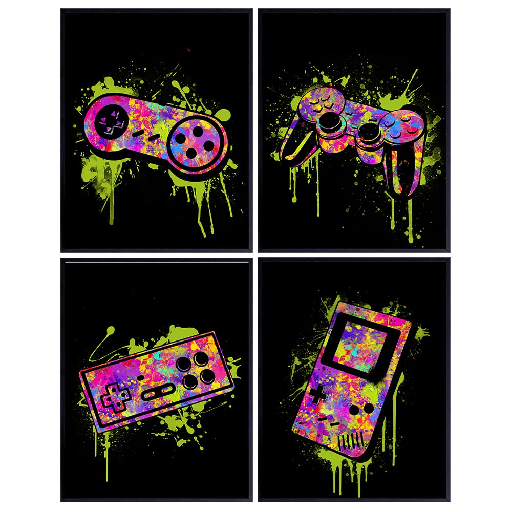 Gaming Wall Decor - Remote Control Graffiti Art - Game Room Poster Set - Gift for Gamers, Xbox, PS4, Playstation, Video Game, Arcade Fans, Men, Teens - Prints for Dorm, Bar, Boys Room, Kids Bedroom