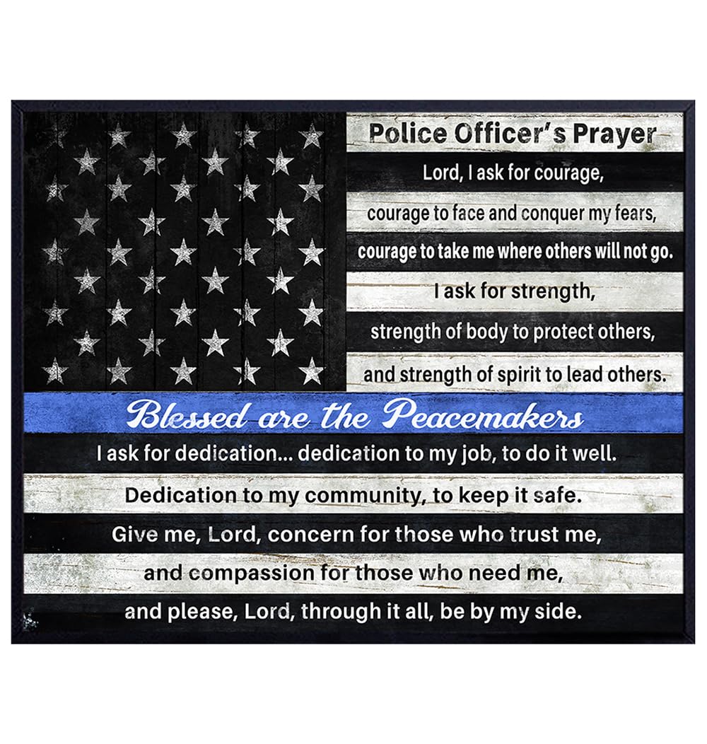 Police Prayer Wall Art LARGE 11x14 - Thin Blue Line Patriotic American Flag Decor - Inspirational Religious Christian Wall Art for Law enforcement, First Responders - Patriotic Gift Home Decor