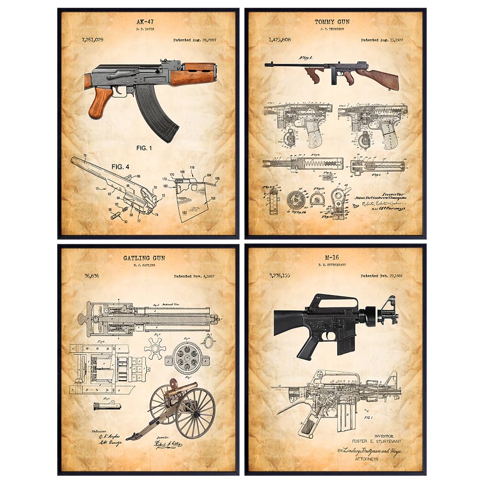 M16, AK47 Guns Patent Print Set - Famous Military Weapons - Firearms Wall Art, Home Decor - Unique Room Decoration for Office, Man Cave, Den - Gift for 2nd Amendment Fan, Veterans, Men, Teens, Boys