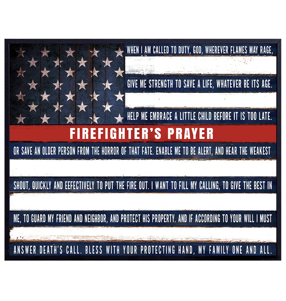 Firefighters Prayer Patriotic Flag Art Print - Rustic Vintage Wall Art Poster - Shabby Chic Home Decor for Man Cave, Office, Bedroom, Living Room - Gift for Firemen, First Responder, EMS - 8x10 Photo