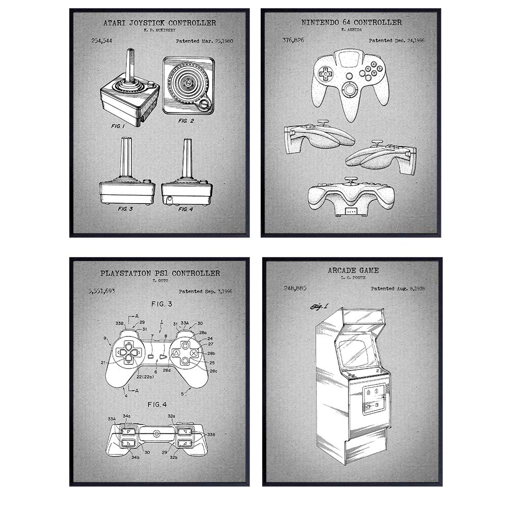 Video Game Patent Art Prints - Vintage Wall Art Poster Set - Chic Rustic Home Decor for Game Room, Rec Room, Man Cave, Play Room, Den - Gift for Gamers, Nintendo, PS1 Fans - 8x10 Photo Unframed