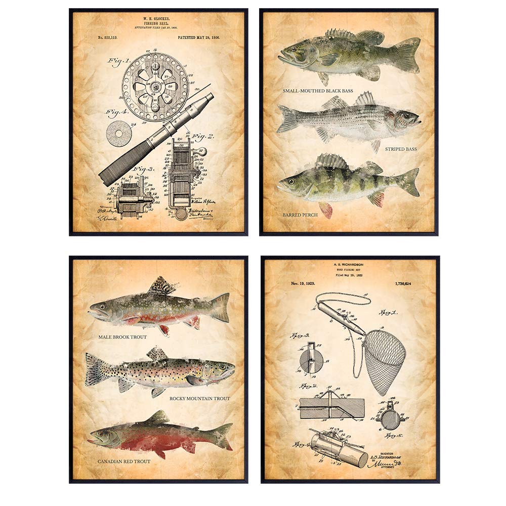 Trout and Fly Fishing Home Decor - Vintage Wall Art Picture Set for Lake House, Adirondack Mountain Cabin, Living Room, Office, Den, Bedroom - Unique Gift For Fishermen - 8X10 UNFRAMED Prints