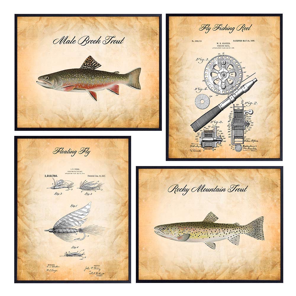 Trout, Rod, Reel and Fly Fishing Wall Art Decor Set - Vintage Poster Prints are Unique Gift for Fishermen, Fisherman - Retro Country Shabby Chic Style - Set of Four 8x10 Unframed Photo Pictures