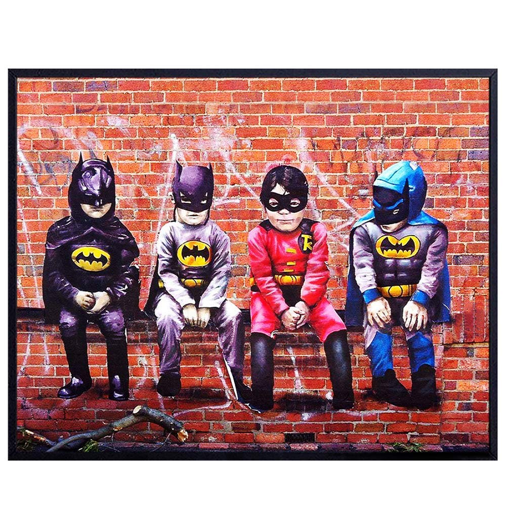 Poster of Kids in Batman and Robin Costumes Wall Art Print - 8x10 Gift for Superheroes, Super Hero, Comic Book Fans - Graffiti Room Decor, Home Decorations for Boys Bedroom - UNFRAMED