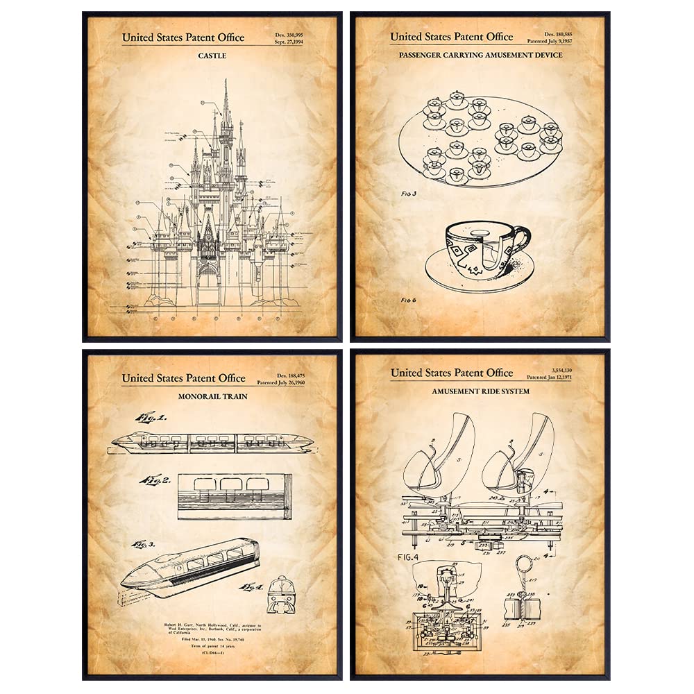 Patent Wall Art &amp; Decor - World, Rides - Wall Art print Poster Set - Chic Vintage Rustic Home Decor for Boy, Girl, Teens, Kids Room - Gifts for Mickey Fans