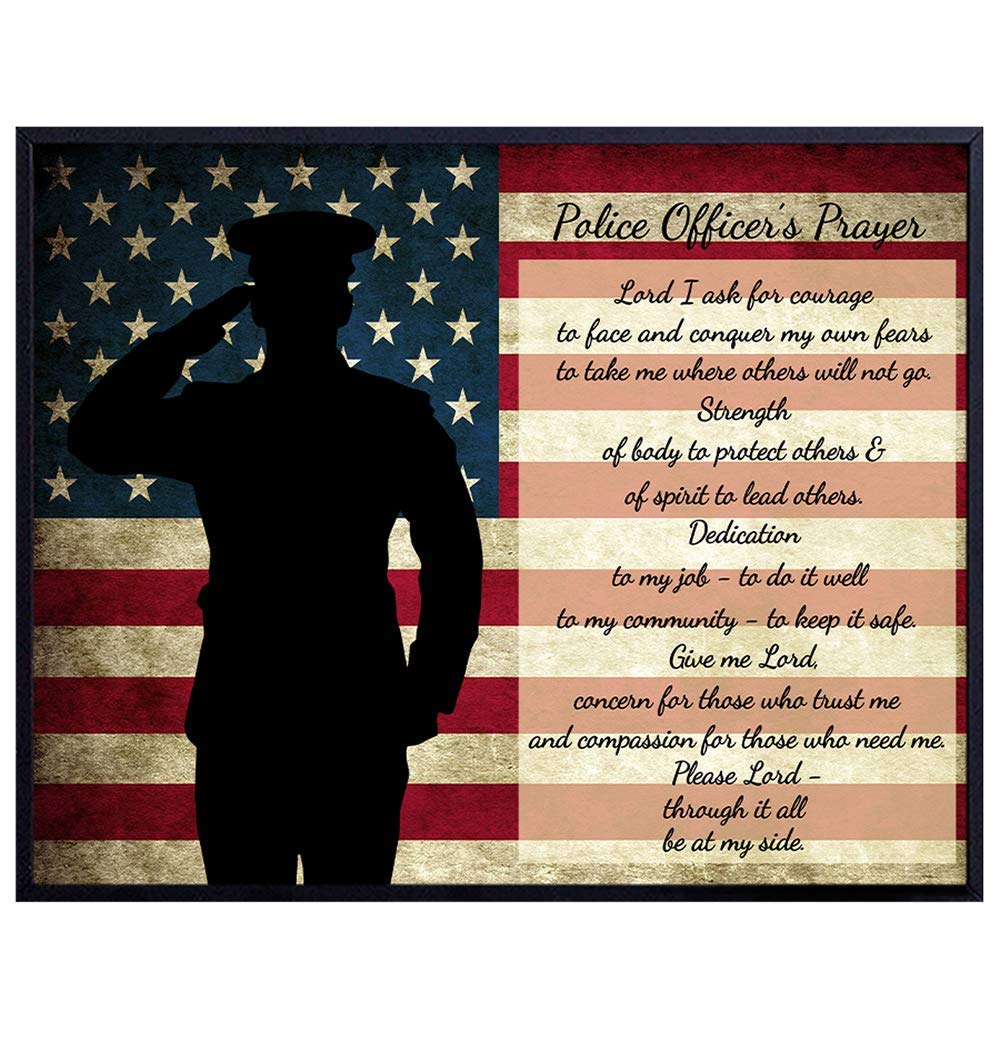 Patriotic Police Officer Prayer Flag Typography Art Print, Wall Art Poster - Unique 8x10 Home Decor for Office, Den, Station - Gift for Cops, First Responders, Law Enforcement, Policewomen, Policemen