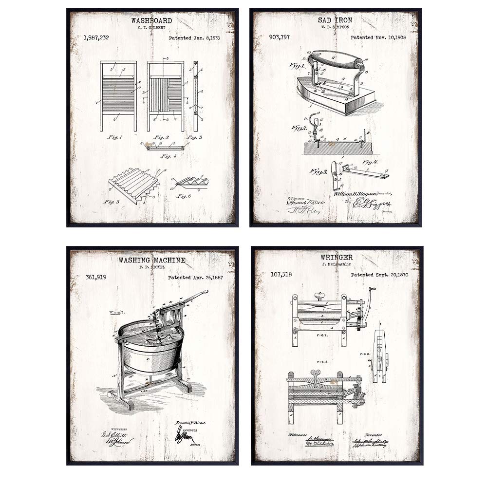 Original Laundry Room Patent Wall Art Print Set- 4-8x10 Sign Photos - Shabby Chic, Rustic, Vintage, Cottage, Farmhouse Style Home Decor, Decoration - Unframed Picture Posters