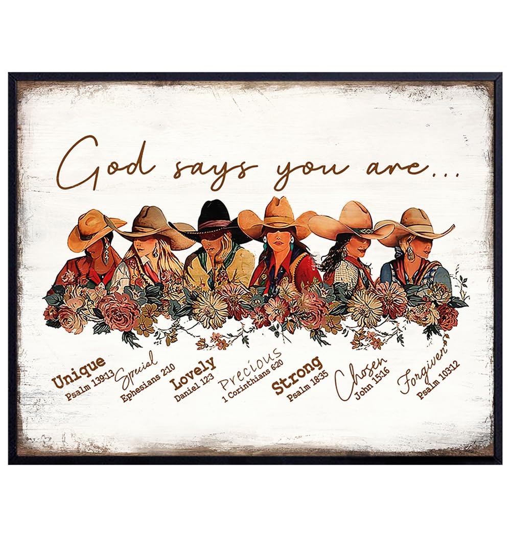Christian Religious Country Western Decor 11x14 - Motivational Scripture Bible Verse Poster - Boho chic Gifts for Women - Shabby Chic Decoration - God Says You Are - Cowgirl Poster for Girls Bedroom