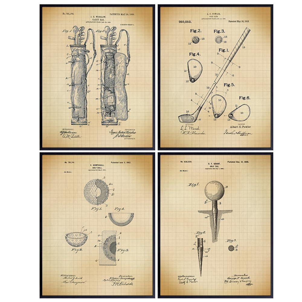 Retro Vintage Wall Art For Office 11x14 - Man cave Decor, Vintage Home Decor for Den, Bedroom, Living Room - Ideal Man Room Decor, Sports Enthusiast Gift - Set of Four Art Prints, Unframed Golf Patent