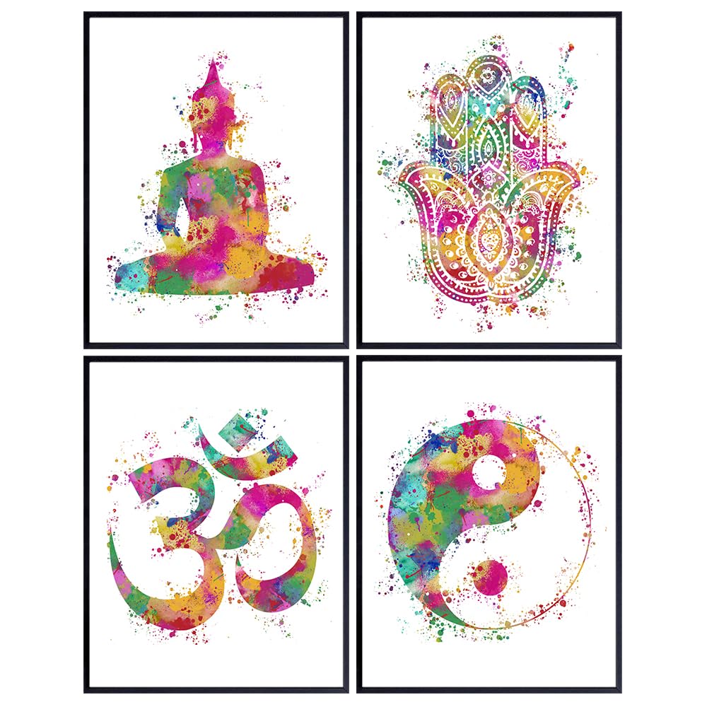 Zen Wall Decor Picture Set for Home, Office, Bedroom, Bathroom, Yoga Studio, Meditation Room - Great Inspirational Gift for Buddhist, Buddha, Hamsa Fatima Hand, Yin Yang, Om Fans - 8x10 Poster Prints