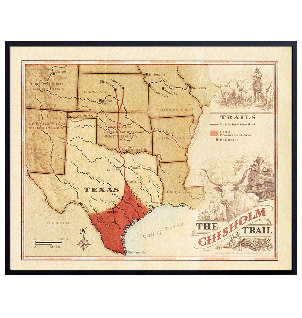 Texas Chisolm Trail Map Wall Art Print - Ready to Frame Photo (8X10) - Home Decor - Makes a Great Gift for History and Lone Star State Lovers - Cowboy History