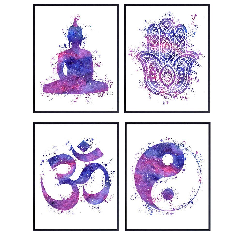 Zen Meditation Buddha Art - 8x10 Poster Set - Buddha, Yin Yang, Om, Hamsa Hand of Fatima - New Age Spiritual Gift for Buddhist, Yoga Teacher, Instructor, Studio - Unframed Wall Decor, Room Decoration