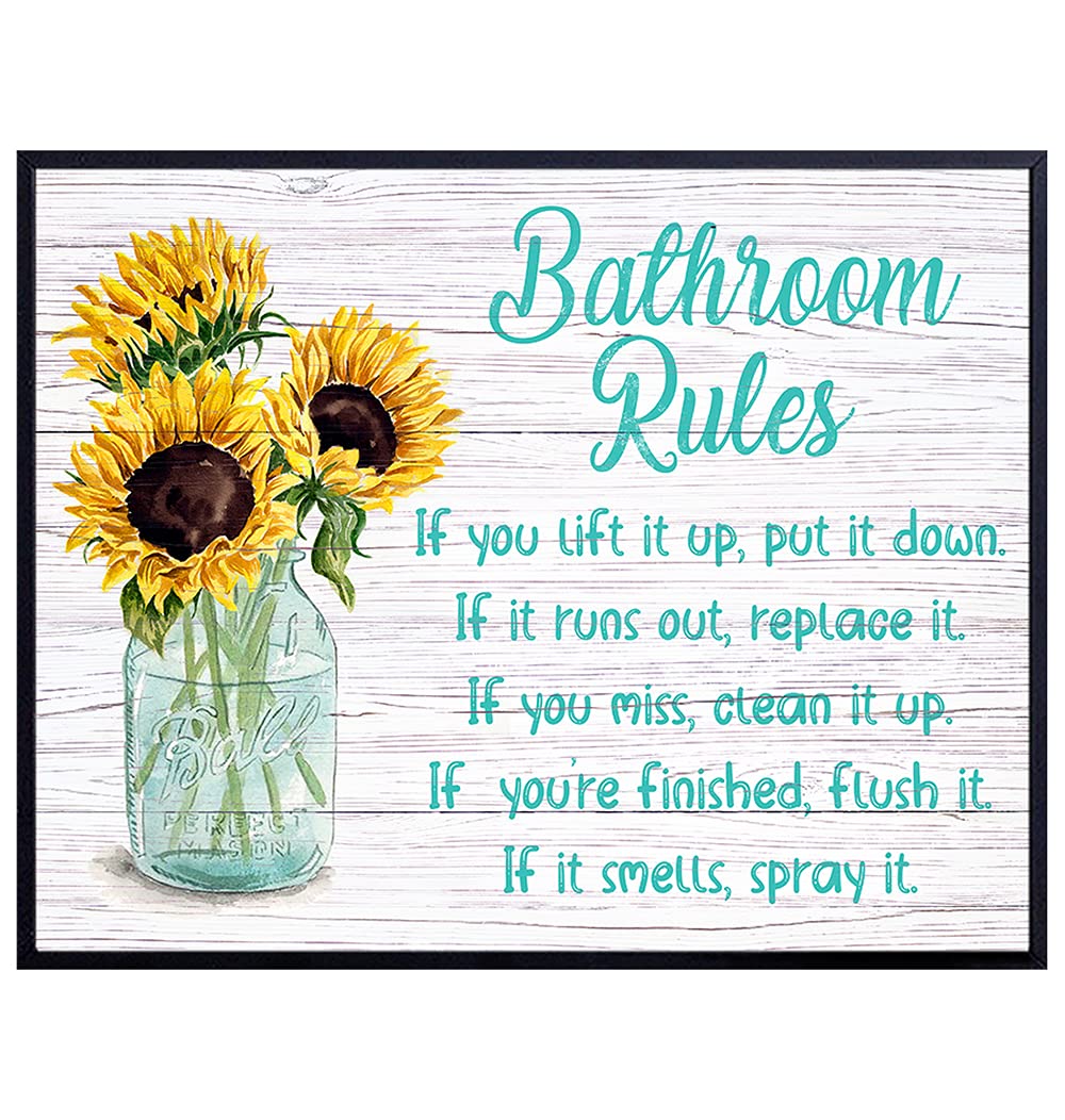 Bathroom Rules Wall Art &amp; Decor - LARGE 11X14 Rustic Country Farmhouse Bathroom Accessories - Funny Light Blue Powder Room Decorations - Restroom Sign - Guest Bathroom Decor - Sunflower Bath Wall Art