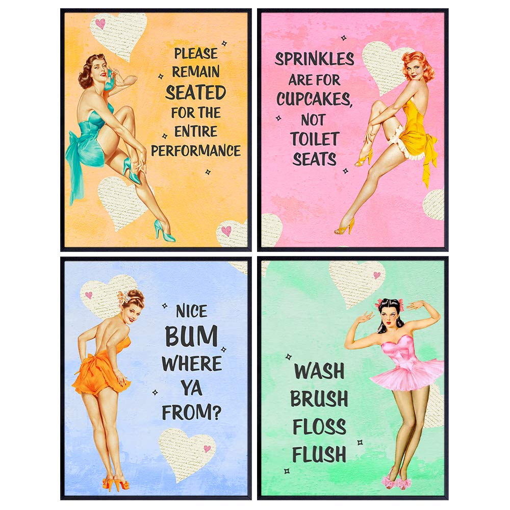 Bathroom Decor For Women - Bathroom Wall Art - Funny Retro Vintage Restroom Decorations for Home, Powder Room or Bath - Cute Unique Housewarming Gift - Pastel Colors, Blue, Pink, Yellow, Green