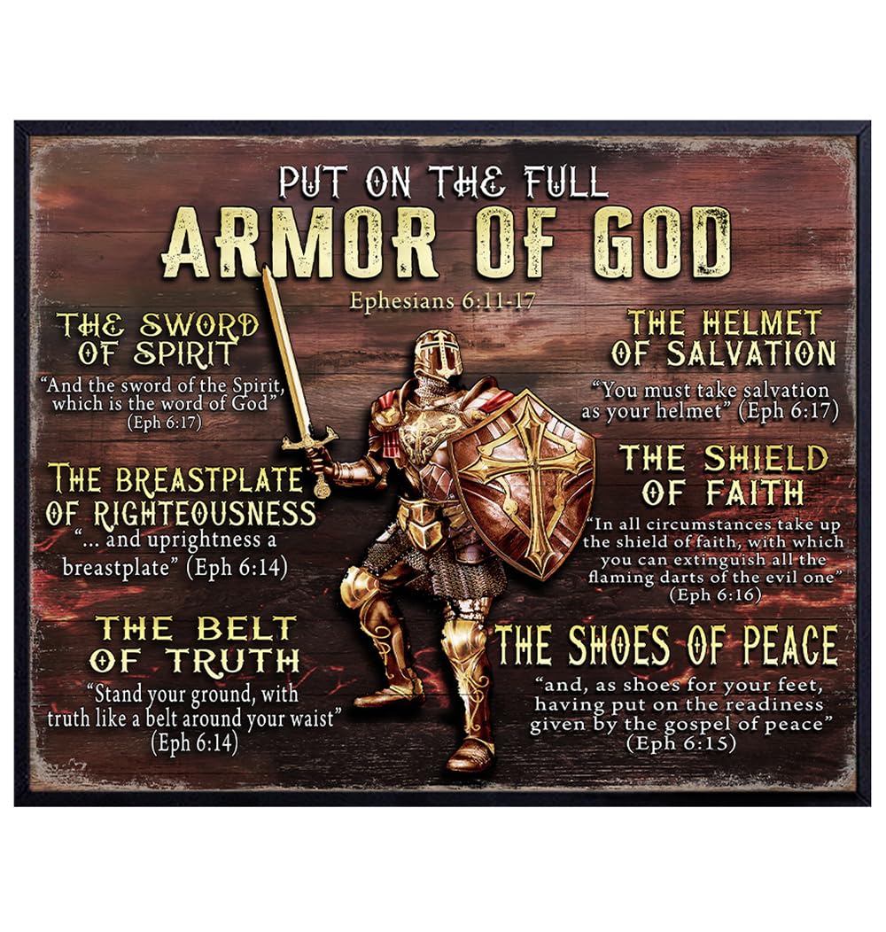 Psalm Scripture Religious Wall Art - Armor of God Bible Verse Wall Decor - masculine Christian Gifts for Men, Pastor Appreciation Gift - Rustic Home Decor Sign - Man cave, Living room, Bedroom, Office
