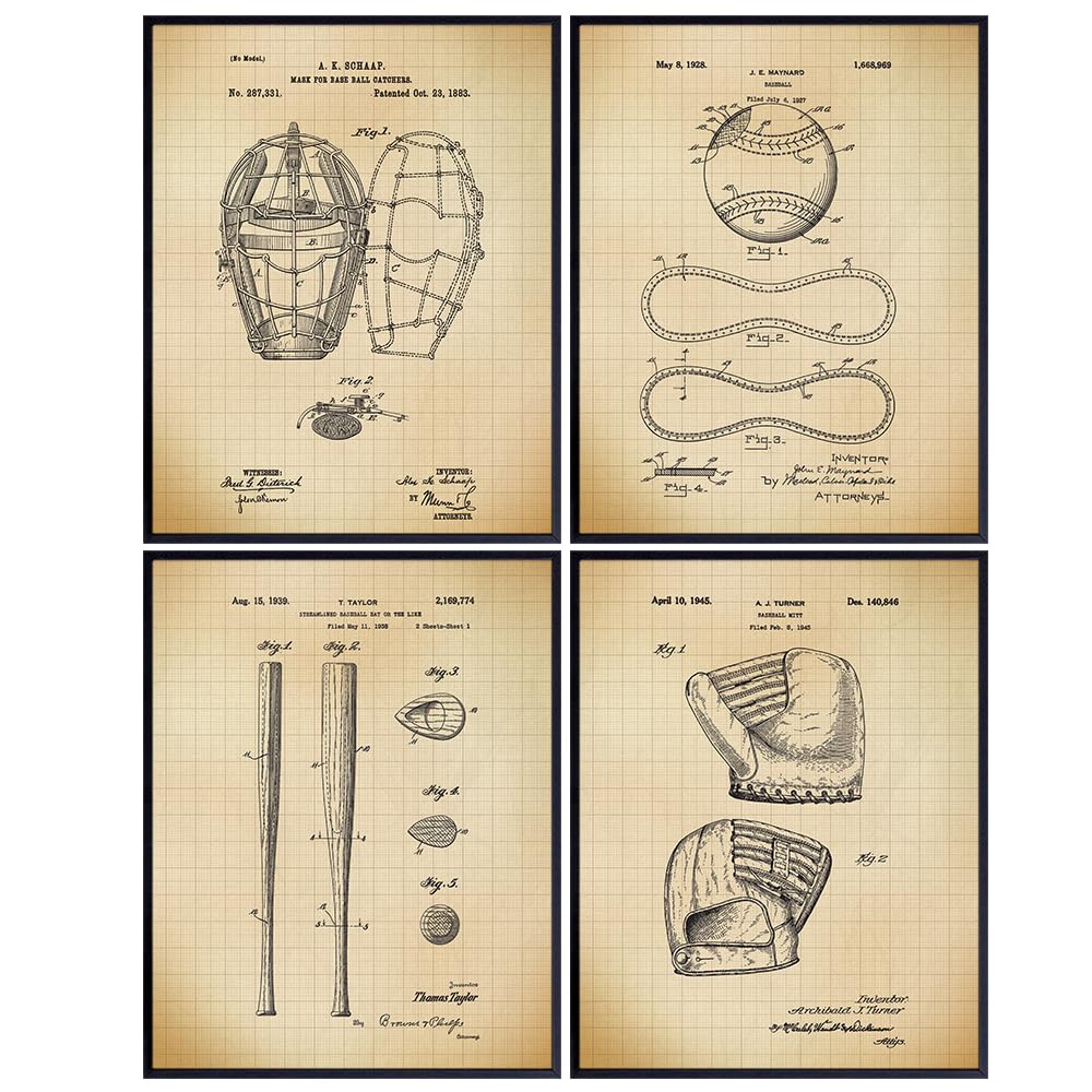 Kids Room Wall Art 11x14 - Vintage Baseball Patent Prints - Wall Art for Kids, Teens, Game Room, Den, Office - Unique Kids Decor, Room Decor for Boy, Sports Fan - Bedroom Decor Wall Art Set - Unframed