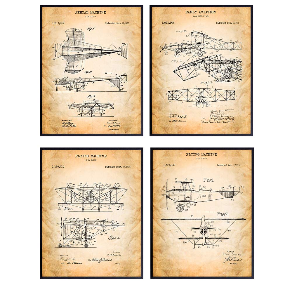 Early Aviation Airplanes Patent Art Prints, Vintage Wall Art Poster Set, Chic Rustic Home Decor for Living Room, Family Room, Man Cave, Bedroom, Gift for Pilots, Flight Attendants, 8x10 Photo Unframed
