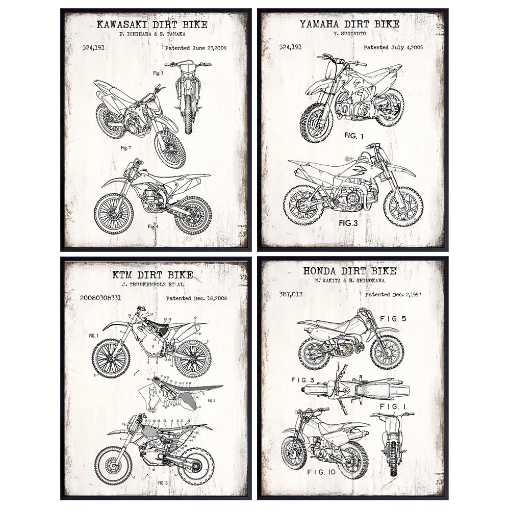 Motorcycle Patent Prints - 8x10 Dirt Bike Wall Art Poster Set - Vintage Rustic Home Decor for Man Cave, Boys, Kids, Teens Room, Office, Garage, Den - Gift for Dirtbike Fans - 8x10 Photo - Unframed