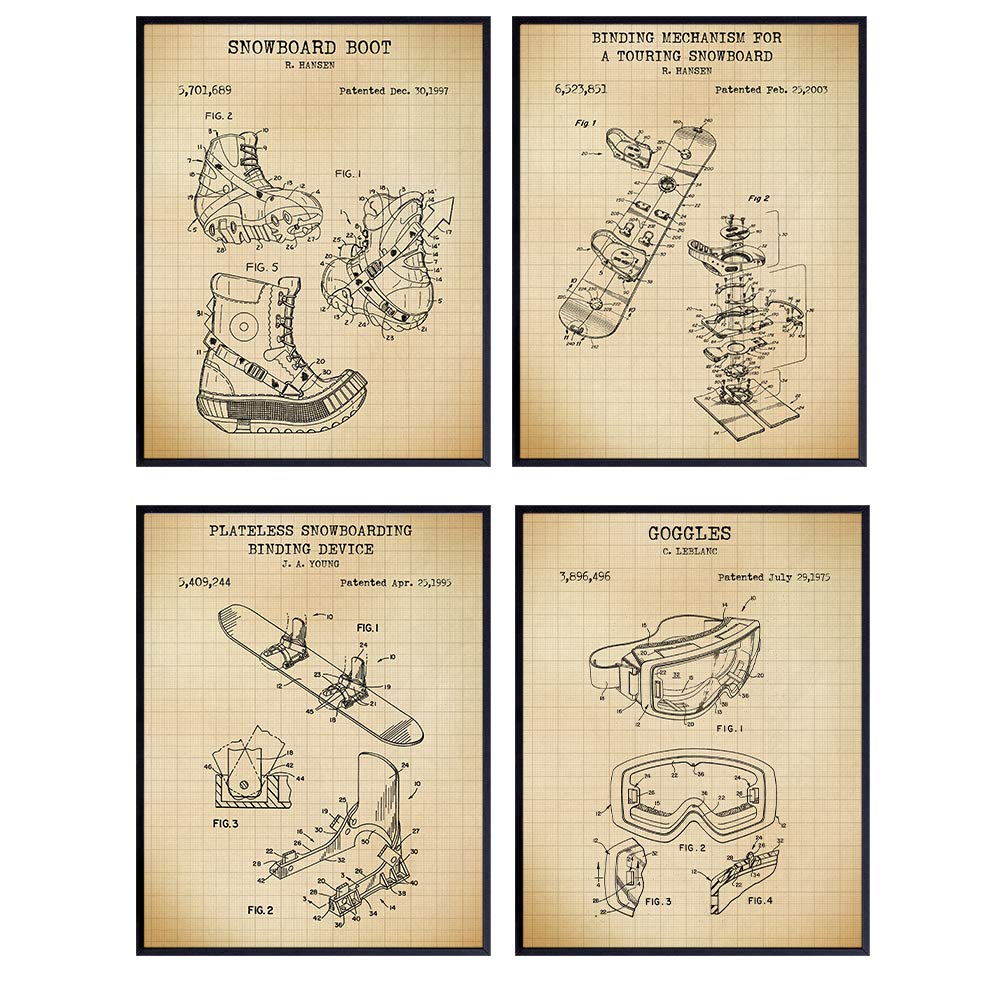 Snowboard Patent Art Prints - Vintage Wall Art Poster Set - Chic Home Decor for Teens or Boys Room, Bedroom, Den, Man Cave, Office, Dorm - Great Gift for Snowboarders, Shredders- 8x10 Photos -Unframed