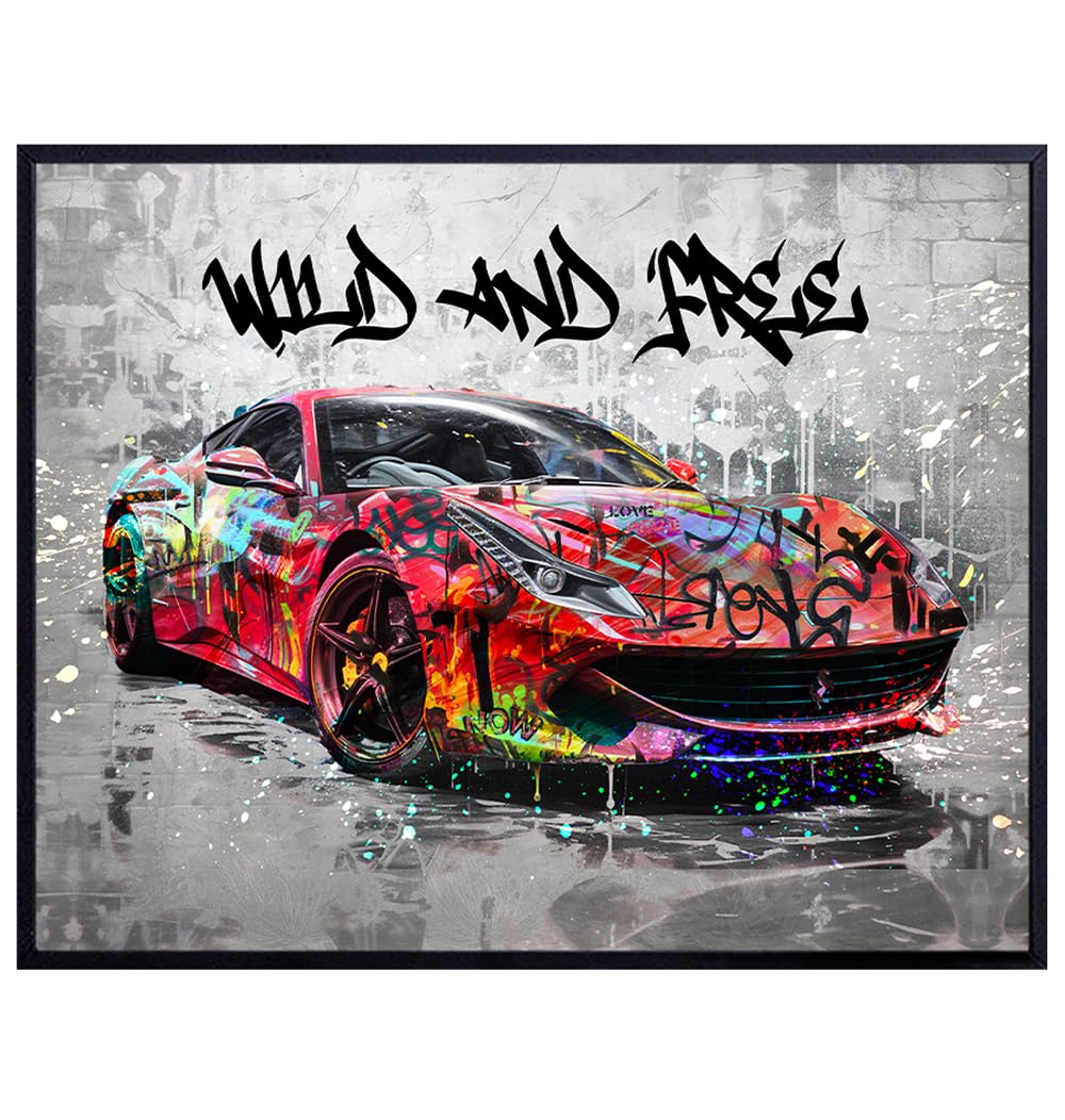 Race Car Motivational Home Office Wall Art - Sports Car Man cave Garage Decor - Urban Graffiti Wall Art - Success Motivational poster - masculine Wall Decor for Men, Teen Boys - Cool Red Home Decor