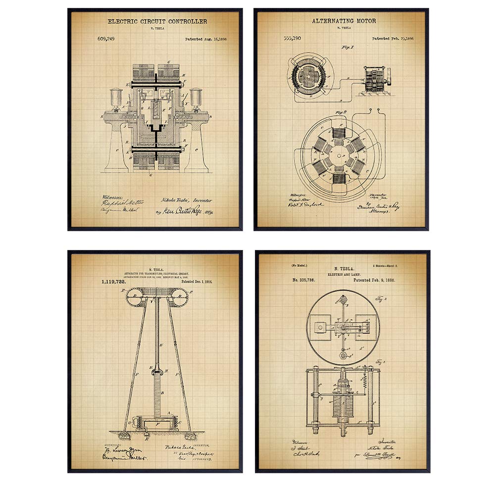 Nikola Tesla Patent Art Prints - Vintage Wall Art Poster Set - Chic Rustic Home Decor for Man Cave, Office, Living Room, Family Room, Den - Gift for Inventors, Electronics Fans, 8x10 Photos Unframed