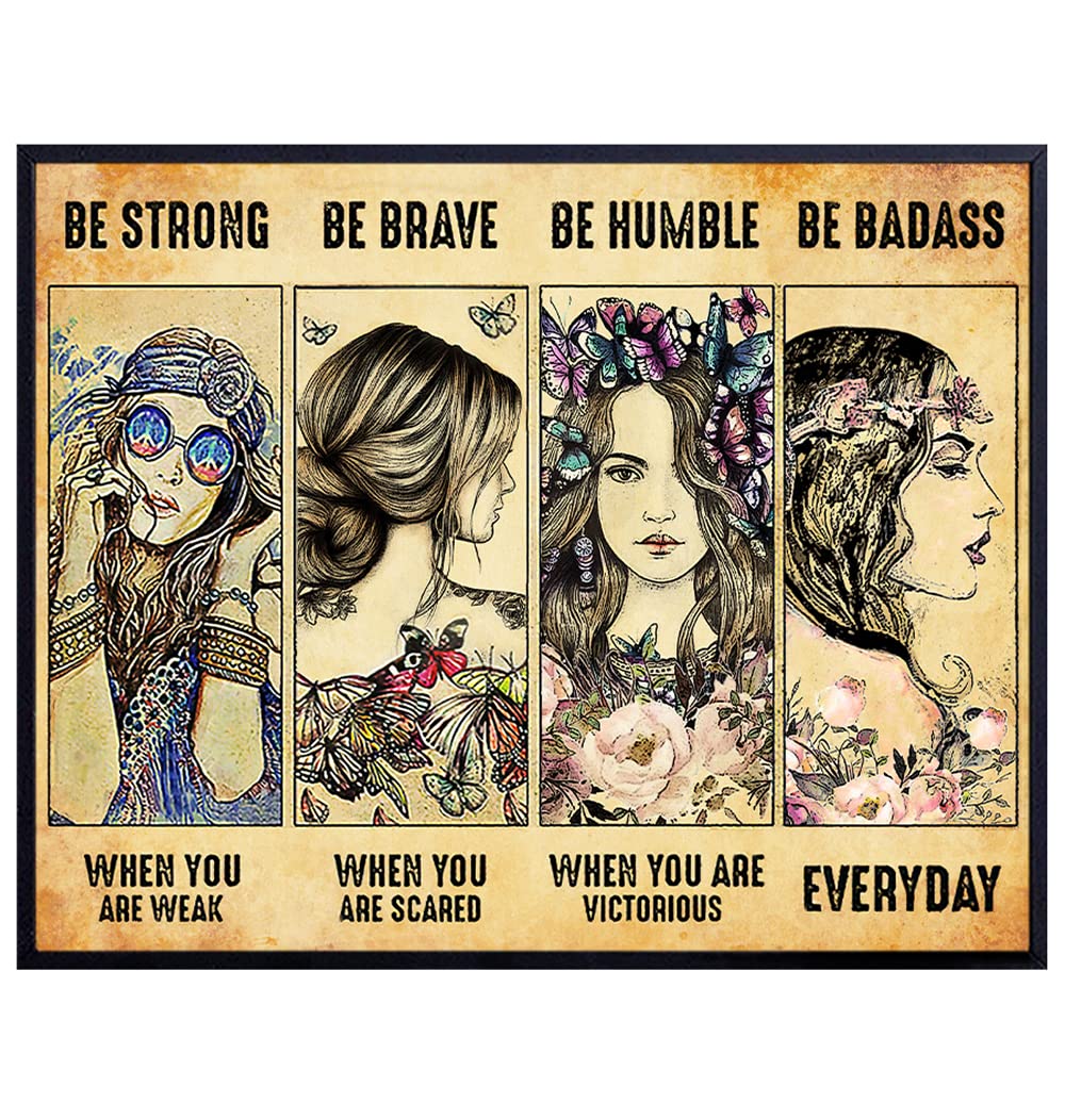 Be strong Be Brave Be Badass Poster - Boho-chic Bohemian Wall Decor - Motivational Feminism Wall Art - Inspirational Positive Quotes - Encouragement Gifts for Women Girls Teens - Hippie Room Decor