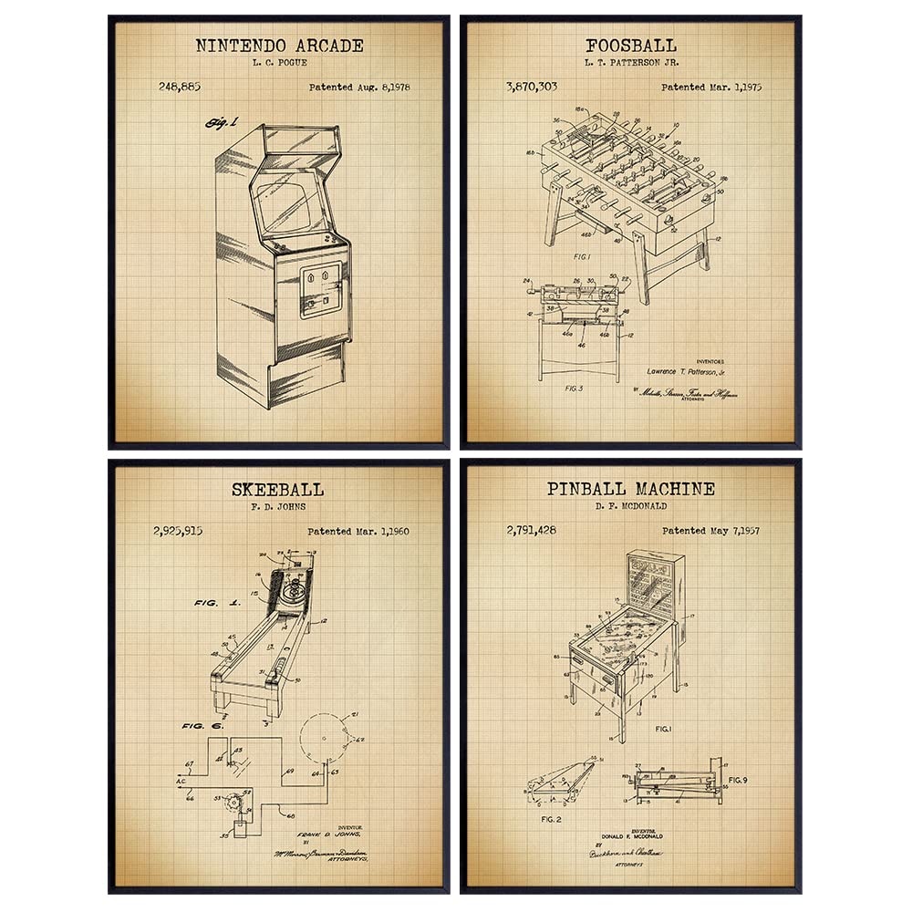 Arcade Patent Art Prints - Vintage Wall Art Poster Set - Chic Rustic Home Decor for Play, Rec, Game Room, Office, Bedroom, Living Room, Man Cave - Gift for Foosball, Pinball, Video Game Fans - 8x10